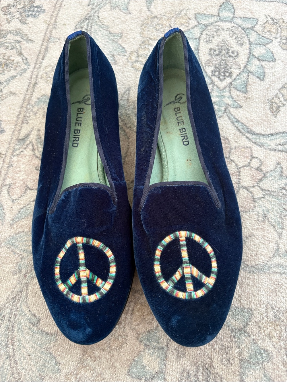Blue Bird Velvet Loafers Blue Peace Symbol Size 8